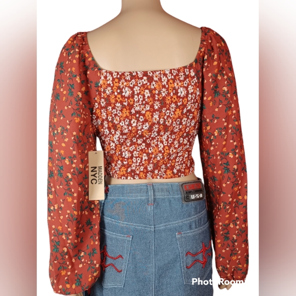 Madden NYC Orange Floral Bohemian Style Long Sleeve Blouse - Picture 2 of 6